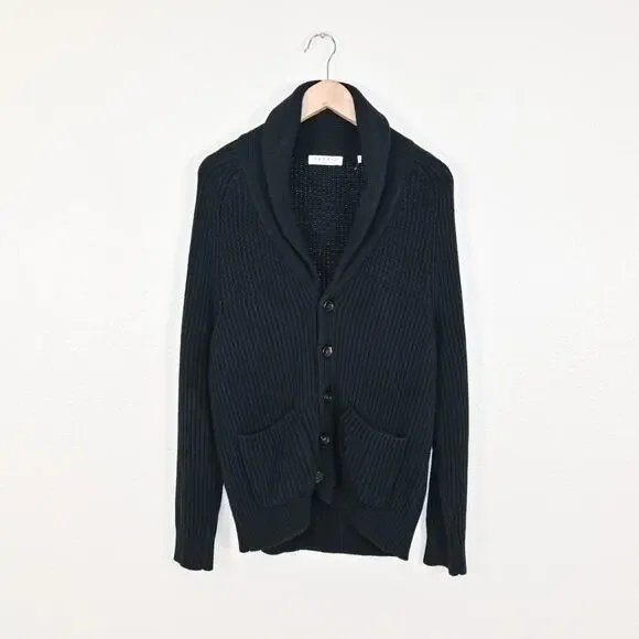 Sandro Paris Men's Shawl Collar Cardigan Sweater Heavy cotton knit Navy Small - Picture 1 of 8